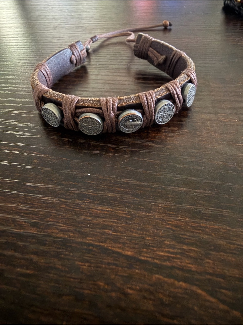 Men's Benediction Brown Leather Beaded Bracelet - Adjustable Rustic Wristband